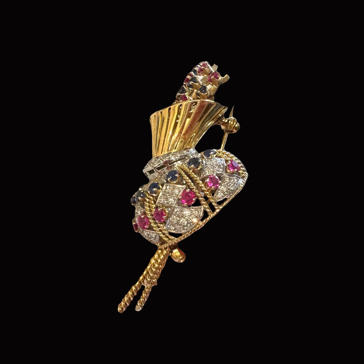 Alfinete em ouro, safiras e rubis