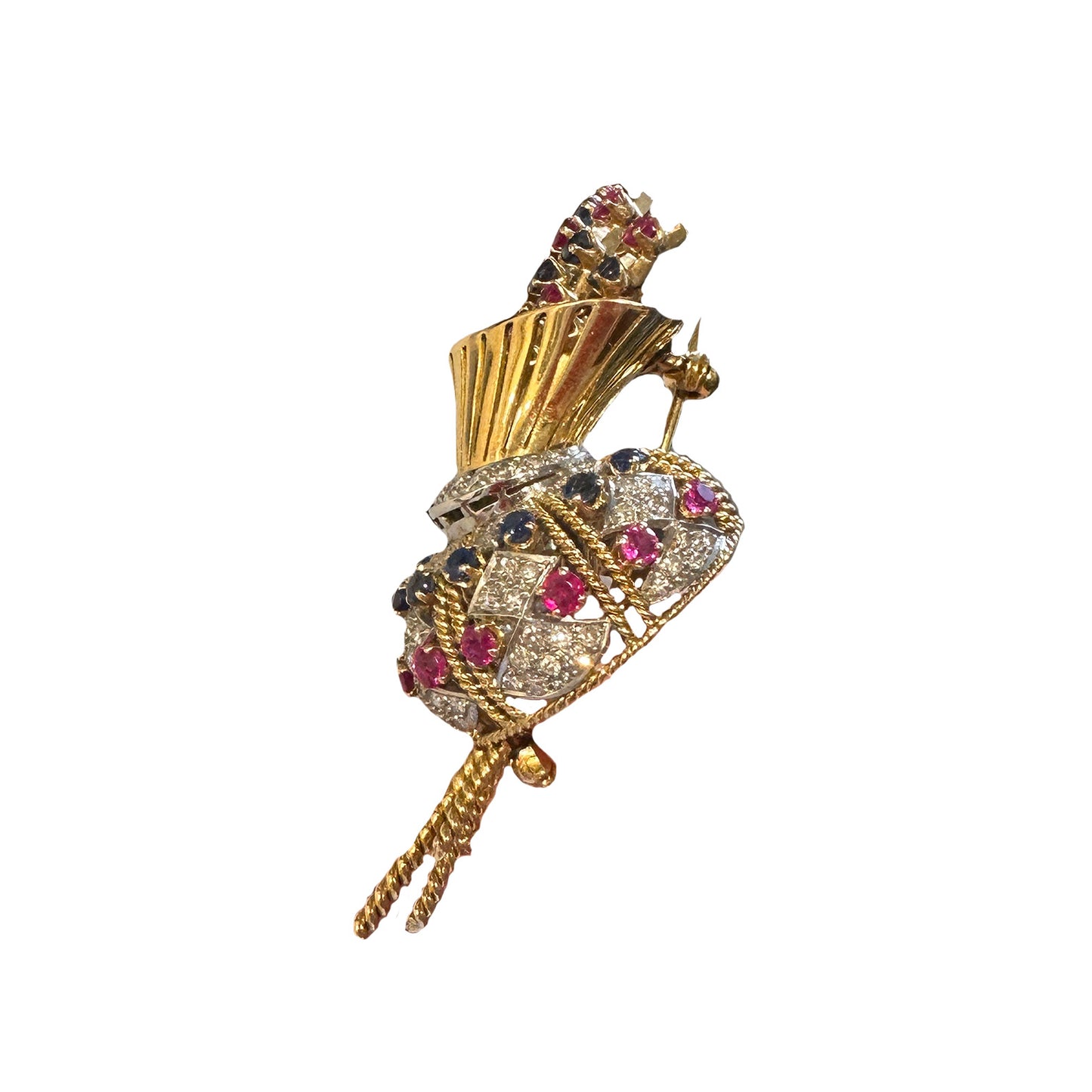 Alfinete em ouro, safiras e rubis
