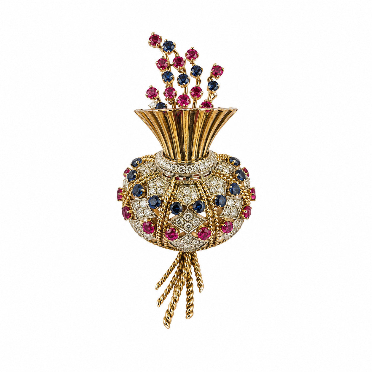 Alfinete em ouro, safiras e rubis