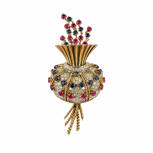 Alfinete em ouro, safiras e rubis